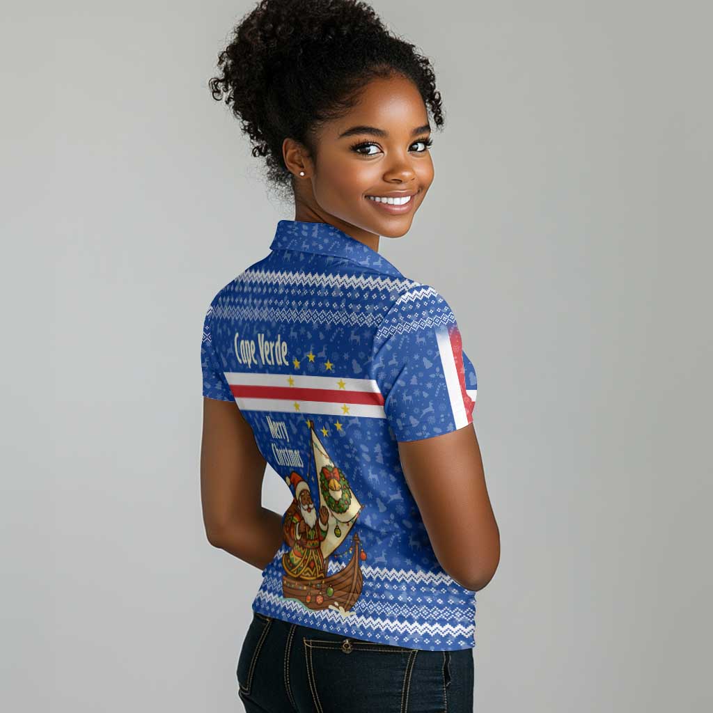 Cape Verde Christmas Women Polo Shirt Blue Festive Pattern Sailing Santa and National Emblem Motif - African Pride