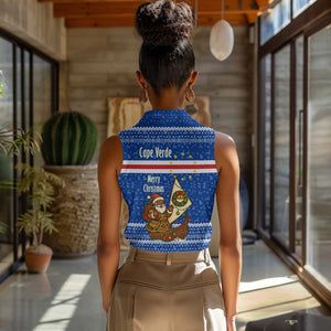 Cape Verde Christmas Women Sleeveless Polo Shirt Blue Festive Pattern Sailing Santa and National Emblem Motif - African Pride