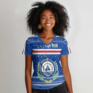Cape Verde Christmas Women V-Neck T-Shirt Blue Festive Pattern Sailing Santa and National Emblem Motif - African Pride