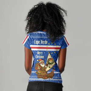 Cape Verde Christmas Women V-Neck T-Shirt Blue Festive Pattern Sailing Santa and National Emblem Motif - African Pride