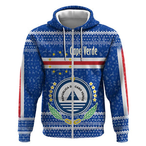 Cape Verde Christmas Zip Hoodie Blue Festive Pattern Sailing Santa and National Emblem Motif - African Pride