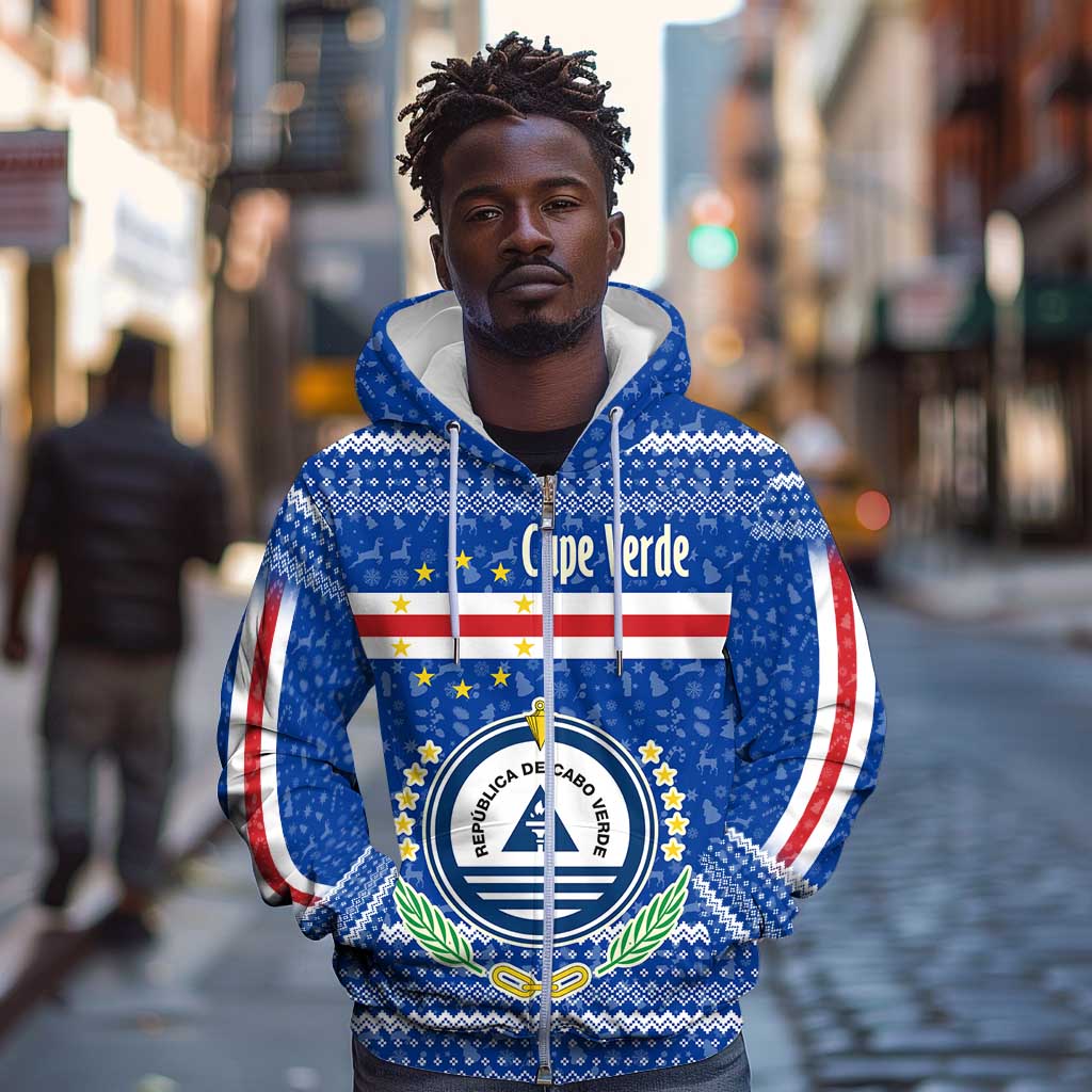 Cape Verde Christmas Zip Hoodie Blue Festive Pattern Sailing Santa and National Emblem Motif - African Pride