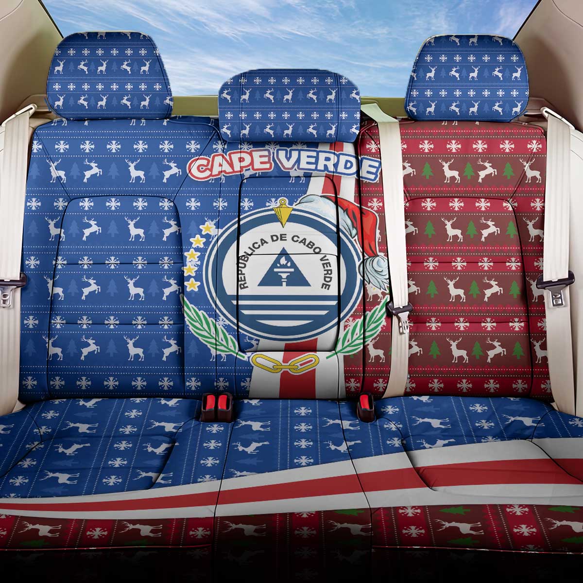 Cape Verde Christmas Back Car Seat Cover Festive Pattern Christmas Tree and National Emblem Motif - African Pride