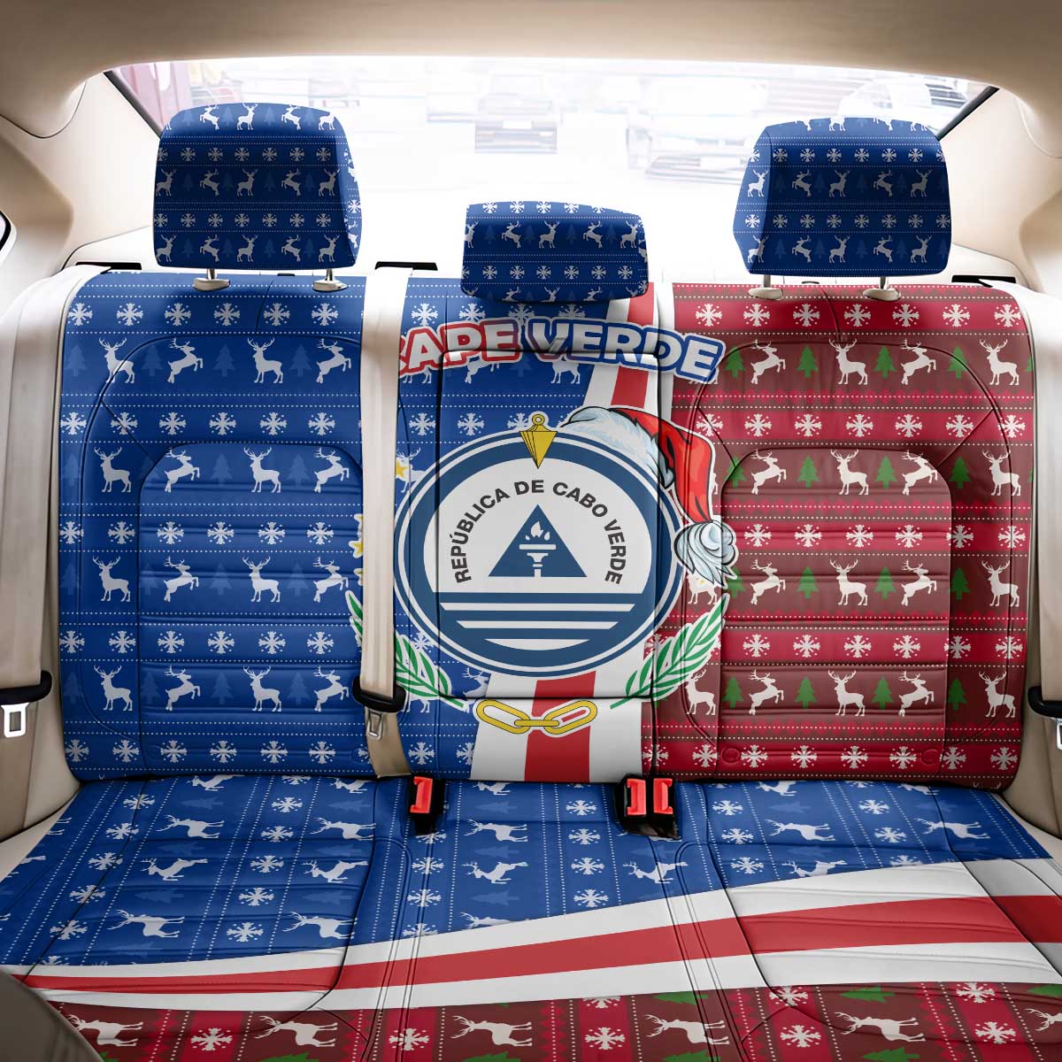 Cape Verde Christmas Back Car Seat Cover Festive Pattern Christmas Tree and National Emblem Motif - African Pride