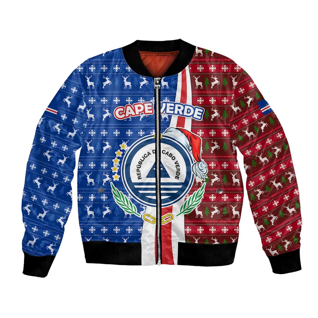 Cape Verde Christmas Bomber Jacket Festive Pattern Christmas Tree and National Emblem Motif - African Pride