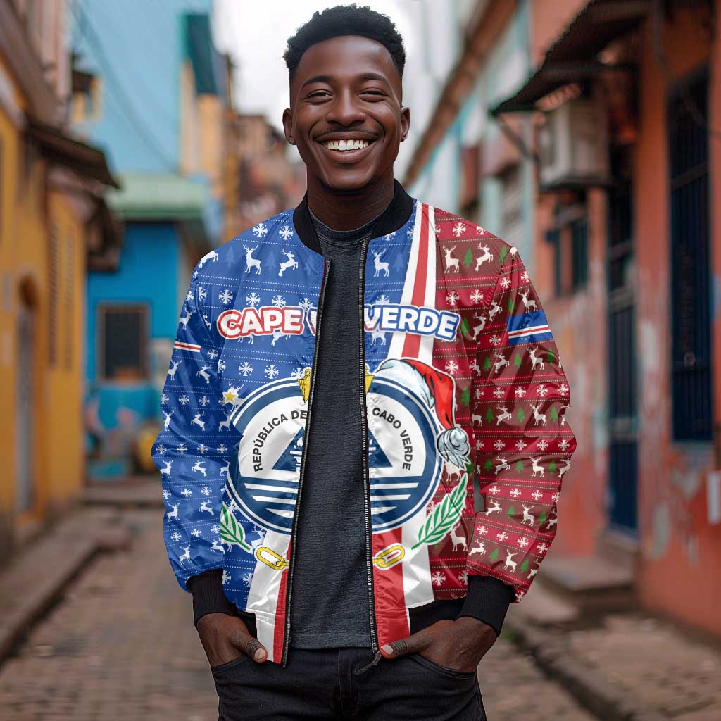 Cape Verde Christmas Bomber Jacket Festive Pattern Christmas Tree and National Emblem Motif - African Pride