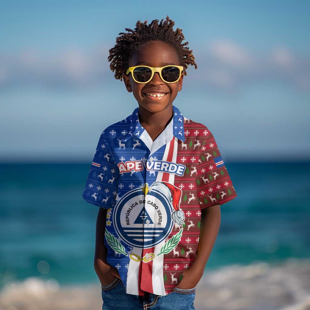 Cape Verde Christmas Kid Hawaiian Shirt Festive Pattern Christmas Tree and National Emblem Motif - African Pride