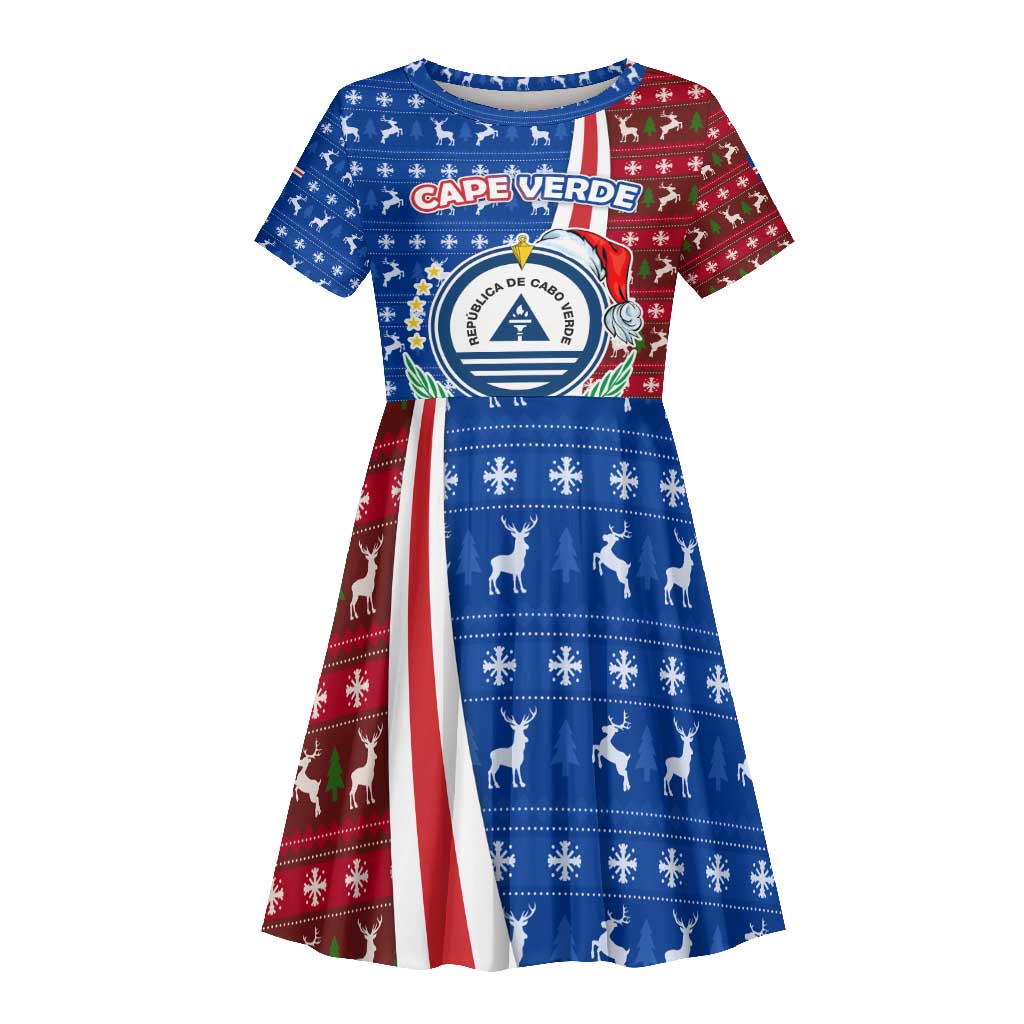 Cape Verde Christmas Kid Short Sleeve Dress Festive Pattern Christmas Tree and National Emblem Motif - African Pride
