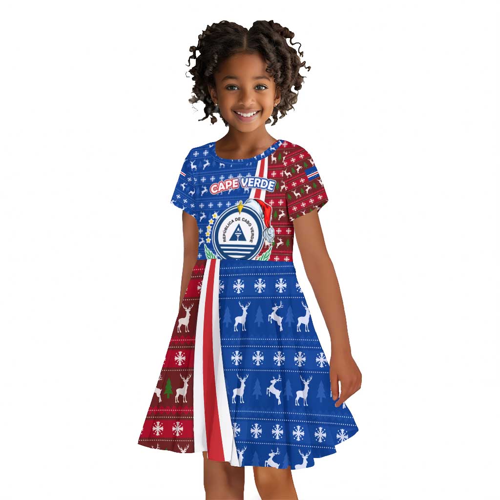 Cape Verde Christmas Kid Short Sleeve Dress Festive Pattern Christmas Tree and National Emblem Motif - African Pride