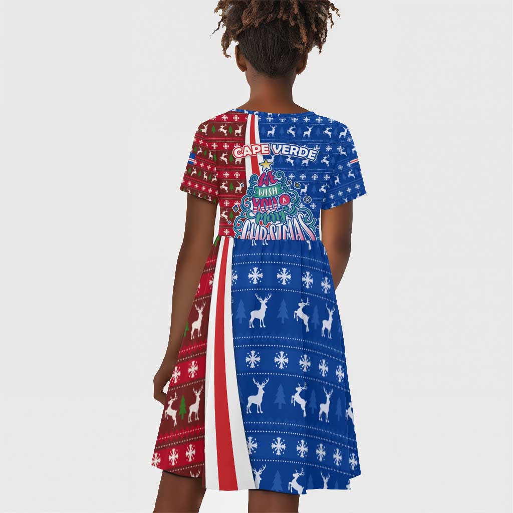 Cape Verde Christmas Kid Short Sleeve Dress Festive Pattern Christmas Tree and National Emblem Motif - African Pride