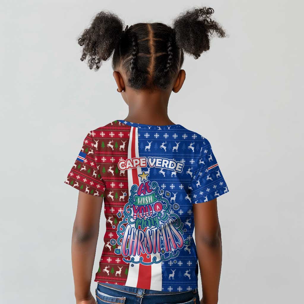 Cape Verde Christmas Kid T shirt Festive Pattern Christmas Tree and National Emblem Motif - African Pride
