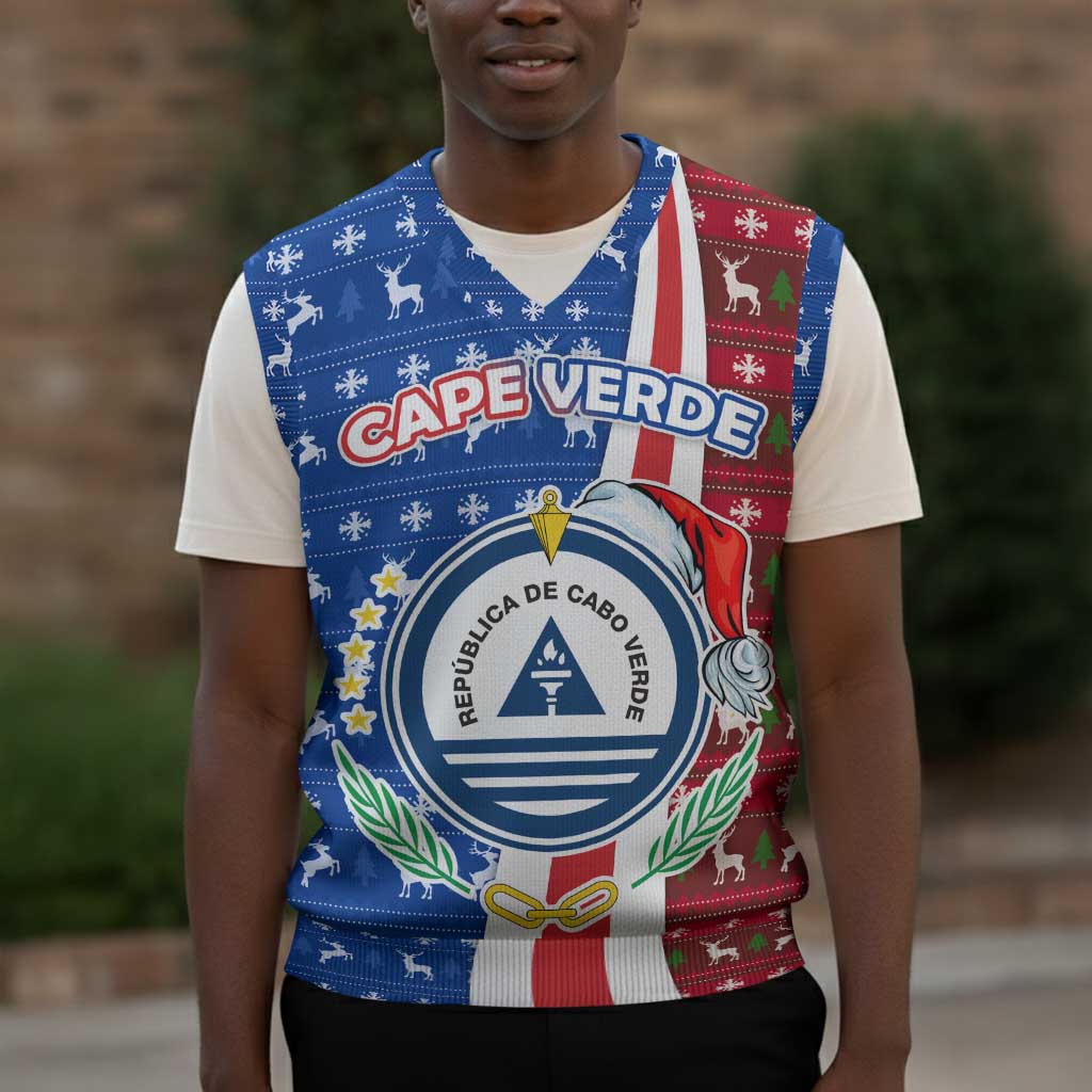 Cape Verde Christmas Knitted V-Neck Vest Festive Pattern Christmas Tree and National Emblem Motif - African Pride