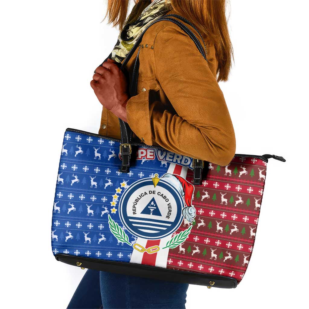 Cape Verde Christmas Leather Tote Bag Festive Pattern Christmas Tree and National Emblem Motif - African Pride