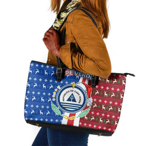 Cape Verde Christmas Leather Tote Bag Festive Pattern Christmas Tree and National Emblem Motif - African Pride