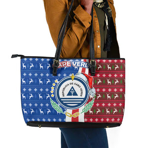 Cape Verde Christmas Leather Tote Bag Festive Pattern Christmas Tree and National Emblem Motif - African Pride