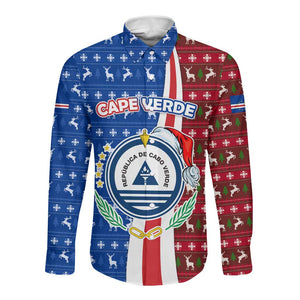 Cape Verde Christmas Long Sleeve Button Shirt Festive Pattern Christmas Tree and National Emblem Motif - African Pride