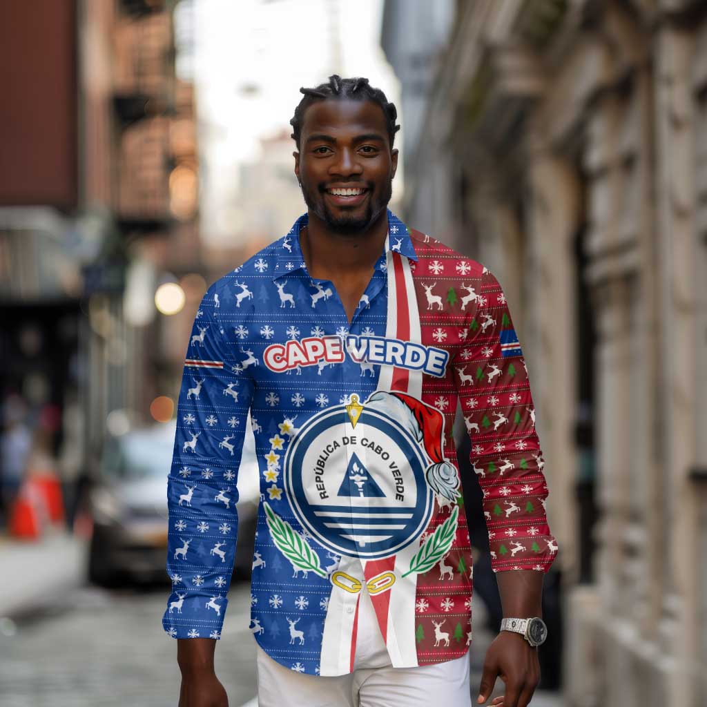 Cape Verde Christmas Long Sleeve Button Shirt Festive Pattern Christmas Tree and National Emblem Motif - African Pride