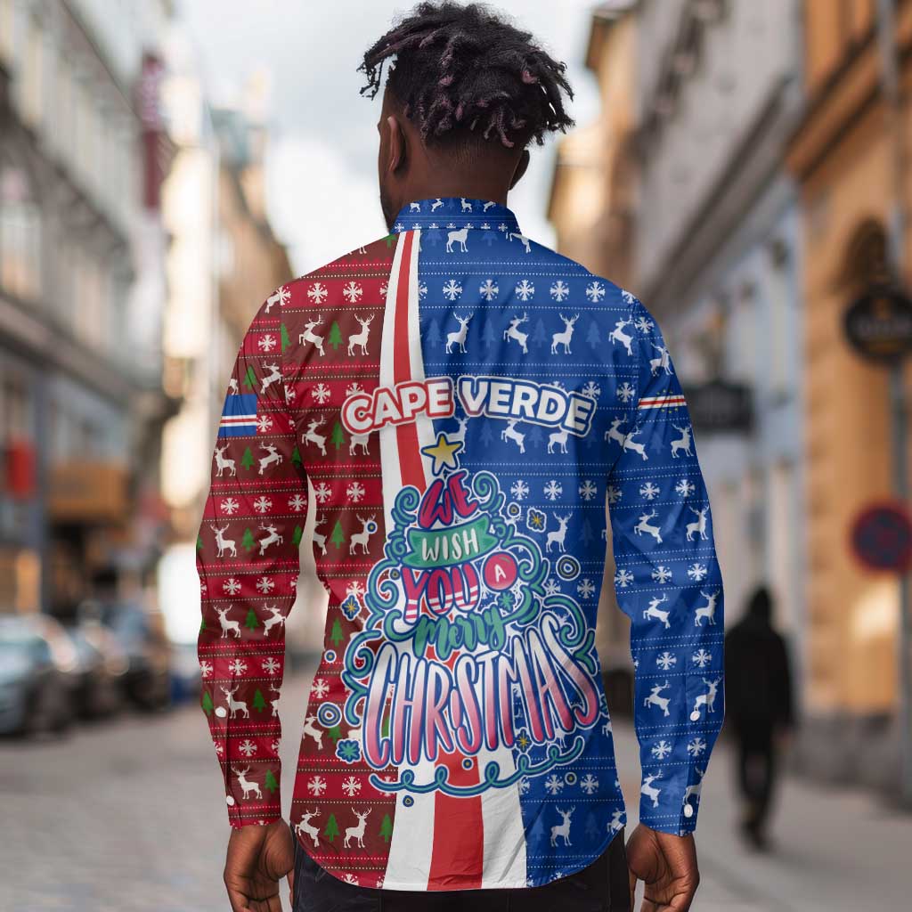 Cape Verde Christmas Long Sleeve Button Shirt Festive Pattern Christmas Tree and National Emblem Motif - African Pride