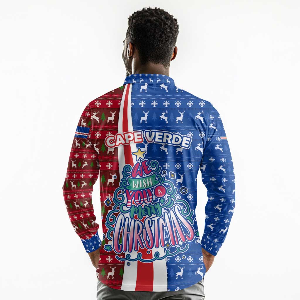 Cape Verde Christmas Long Sleeve Polo Shirt Festive Pattern Christmas Tree and National Emblem Motif - African Pride