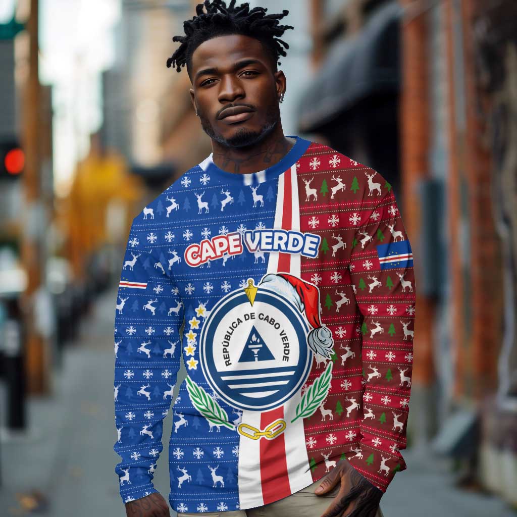 Cape Verde Christmas Long Sleeve Shirt Festive Pattern Christmas Tree and National Emblem Motif - African Pride