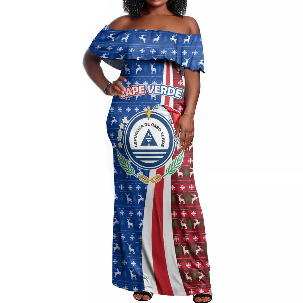 Cape Verde Christmas Off Shoulder Maxi Dress Festive Pattern Christmas Tree and National Emblem Motif - African Pride
