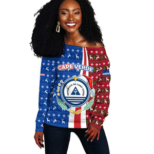 Cape Verde Christmas Off Shoulder Sweater Festive Pattern Christmas Tree and National Emblem Motif - African Pride