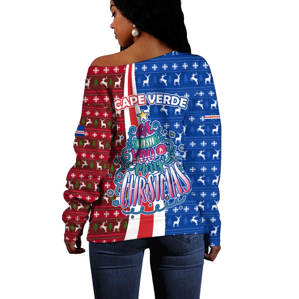 Cape Verde Christmas Off Shoulder Sweater Festive Pattern Christmas Tree and National Emblem Motif - African Pride