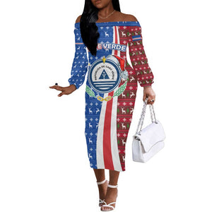 Cape Verde Christmas Off The Shoulder Long Sleeve Dress Festive Pattern Christmas Tree and National Emblem Motif - African Pride