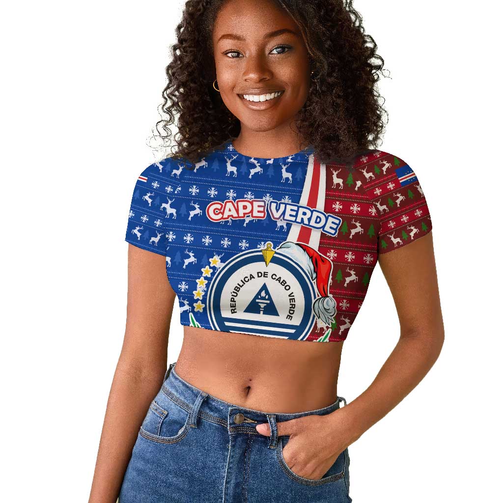 Cape Verde Christmas Raglan Cropped T shirt Festive Pattern Christmas Tree and National Emblem Motif - African Pride