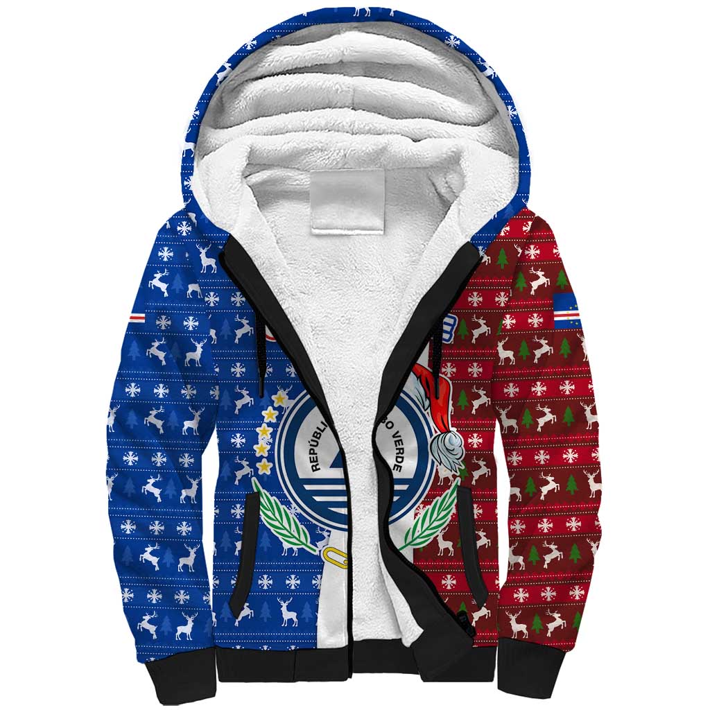 Cape Verde Christmas Sherpa Hoodie Festive Pattern Christmas Tree and National Emblem Motif - African Pride
