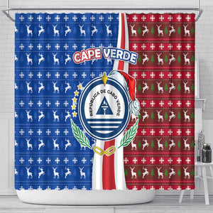Cape Verde Christmas Shower Curtain Festive Pattern Christmas Tree and National Emblem Motif - African Pride