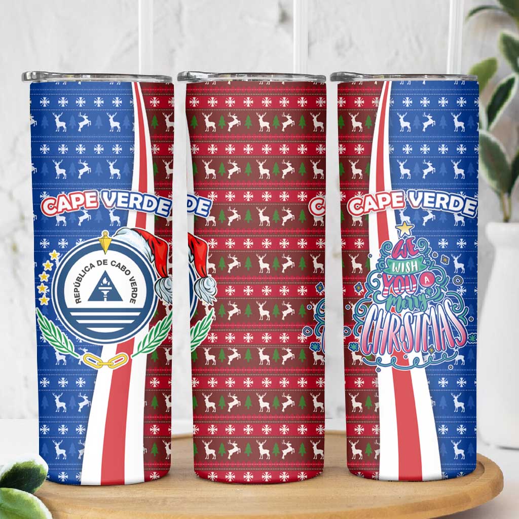Cape Verde Christmas Skinny Tumbler Festive Pattern Christmas Tree and National Emblem Motif - African Pride