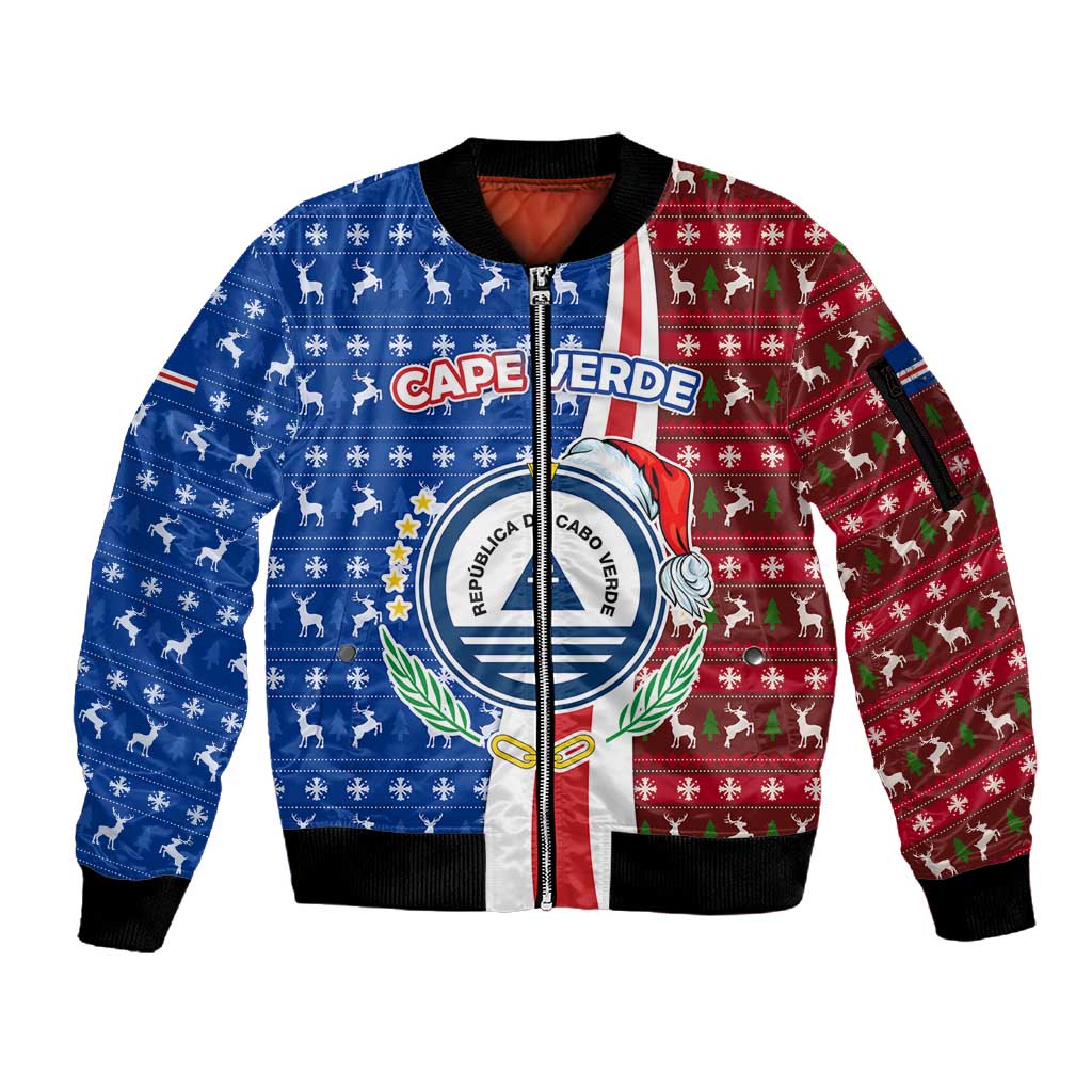 Cape Verde Christmas Sleeve Zip Bomber Jacket Festive Pattern Christmas Tree and National Emblem Motif - African Pride