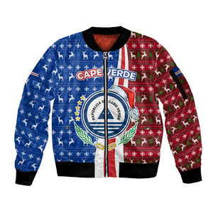Cape Verde Christmas Sleeve Zip Bomber Jacket Festive Pattern Christmas Tree and National Emblem Motif - African Pride