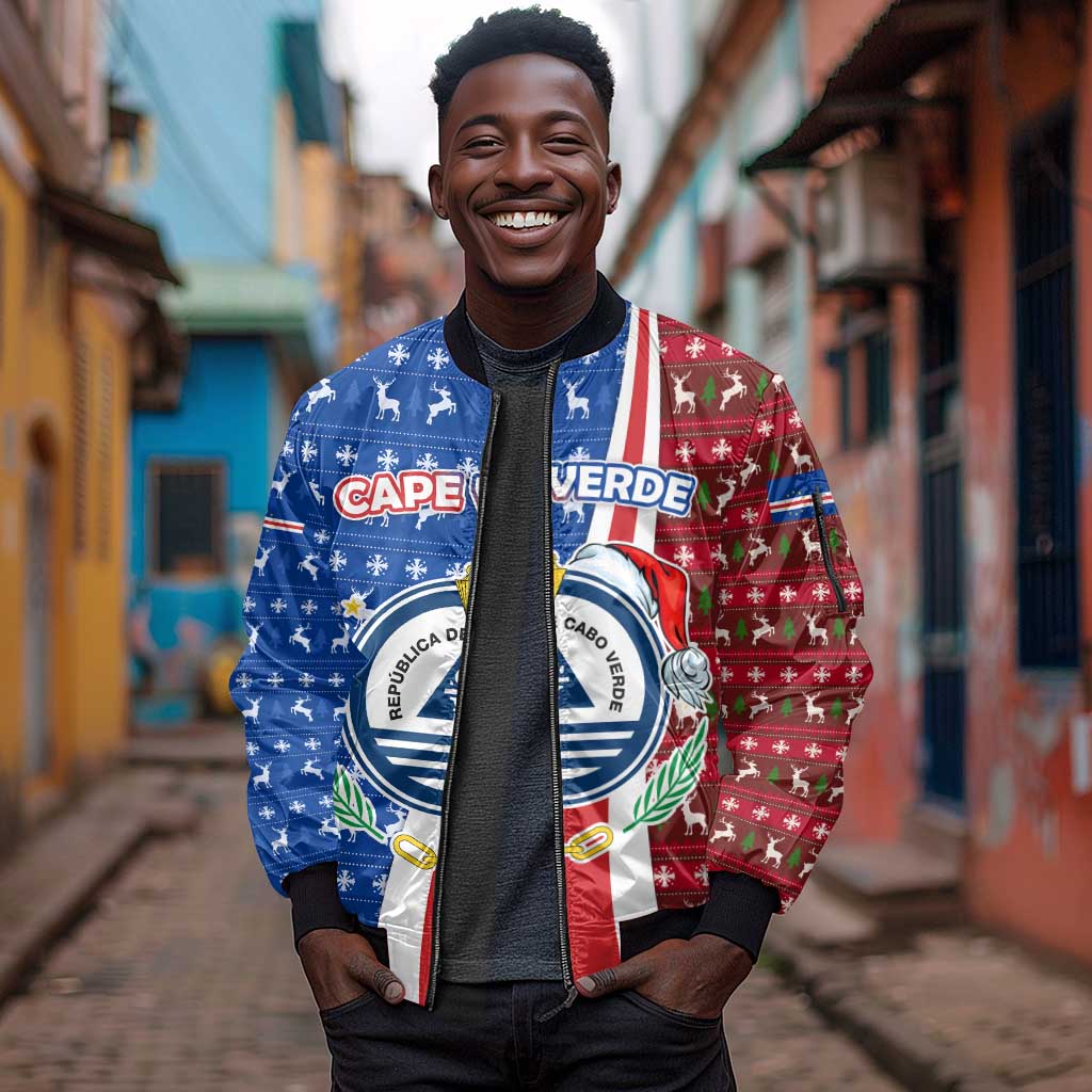 Cape Verde Christmas Sleeve Zip Bomber Jacket Festive Pattern Christmas Tree and National Emblem Motif - African Pride