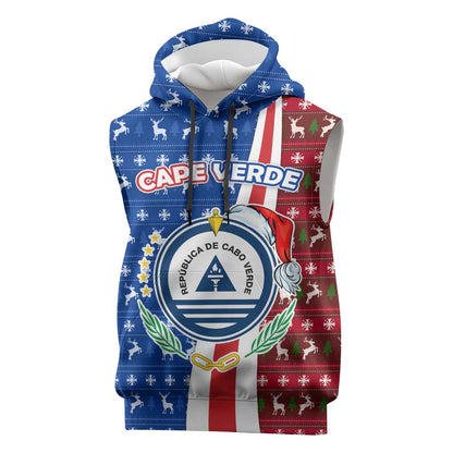 Cape Verde Christmas Sleeveless Hoodie Festive Pattern Christmas Tree and National Emblem Motif - African Pride