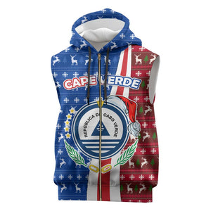 Cape Verde Christmas Sleeveless Zip Hoodie Festive Pattern Christmas Tree and National Emblem Motif - African Pride
