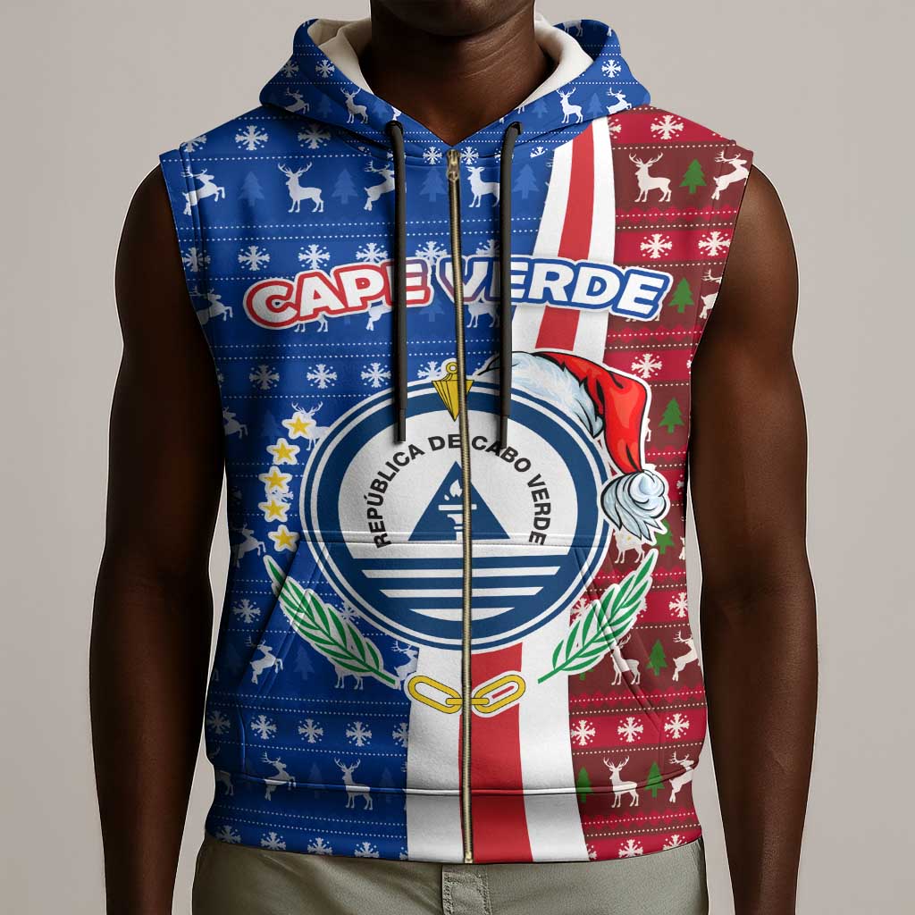 Cape Verde Christmas Sleeveless Zip Hoodie Festive Pattern Christmas Tree and National Emblem Motif - African Pride