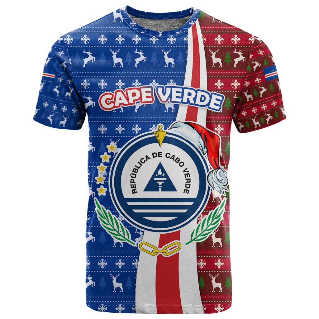 Cape Verde Christmas T shirt Festive Pattern Christmas Tree and National Emblem Motif - African Pride