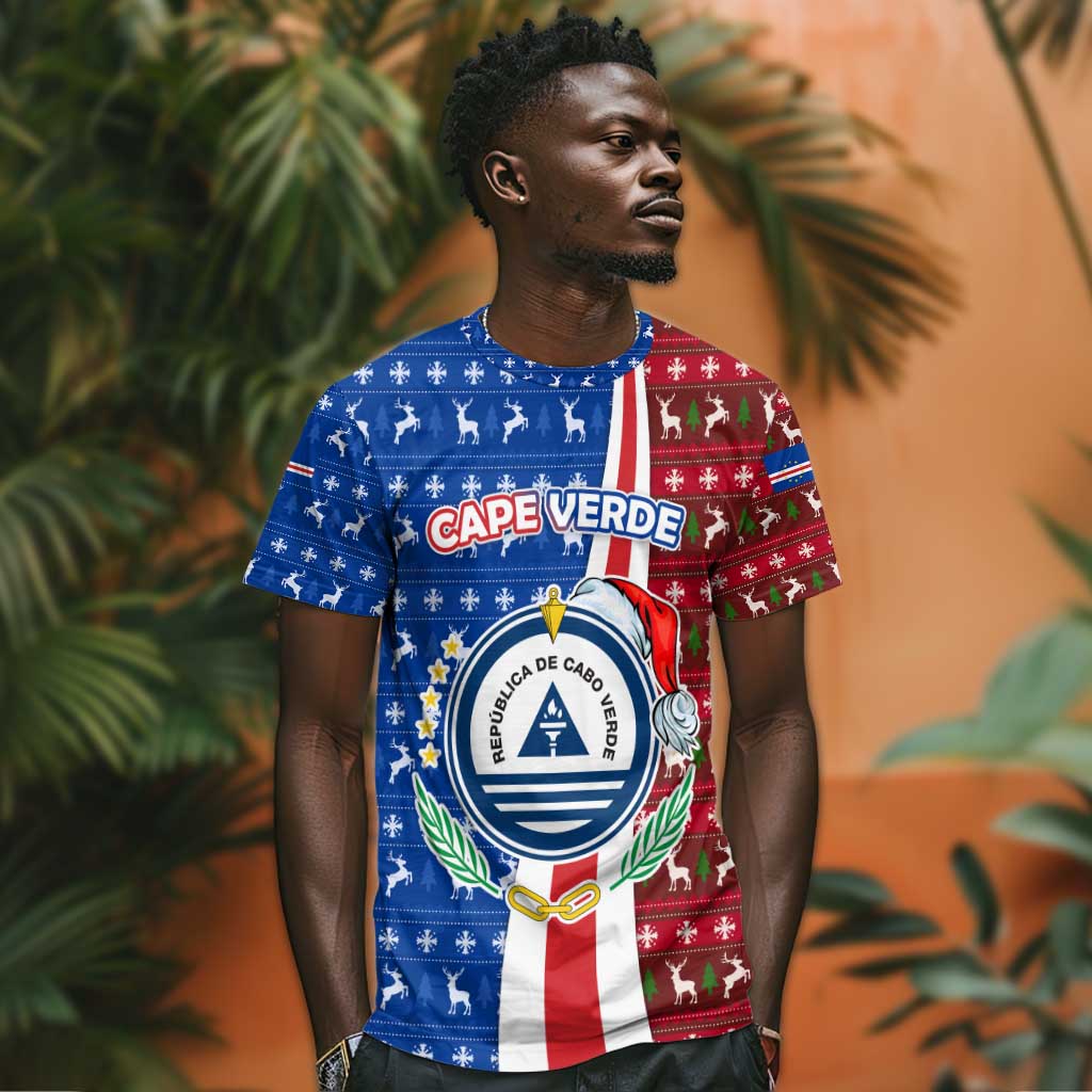Cape Verde Christmas T shirt Festive Pattern Christmas Tree and National Emblem Motif - African Pride