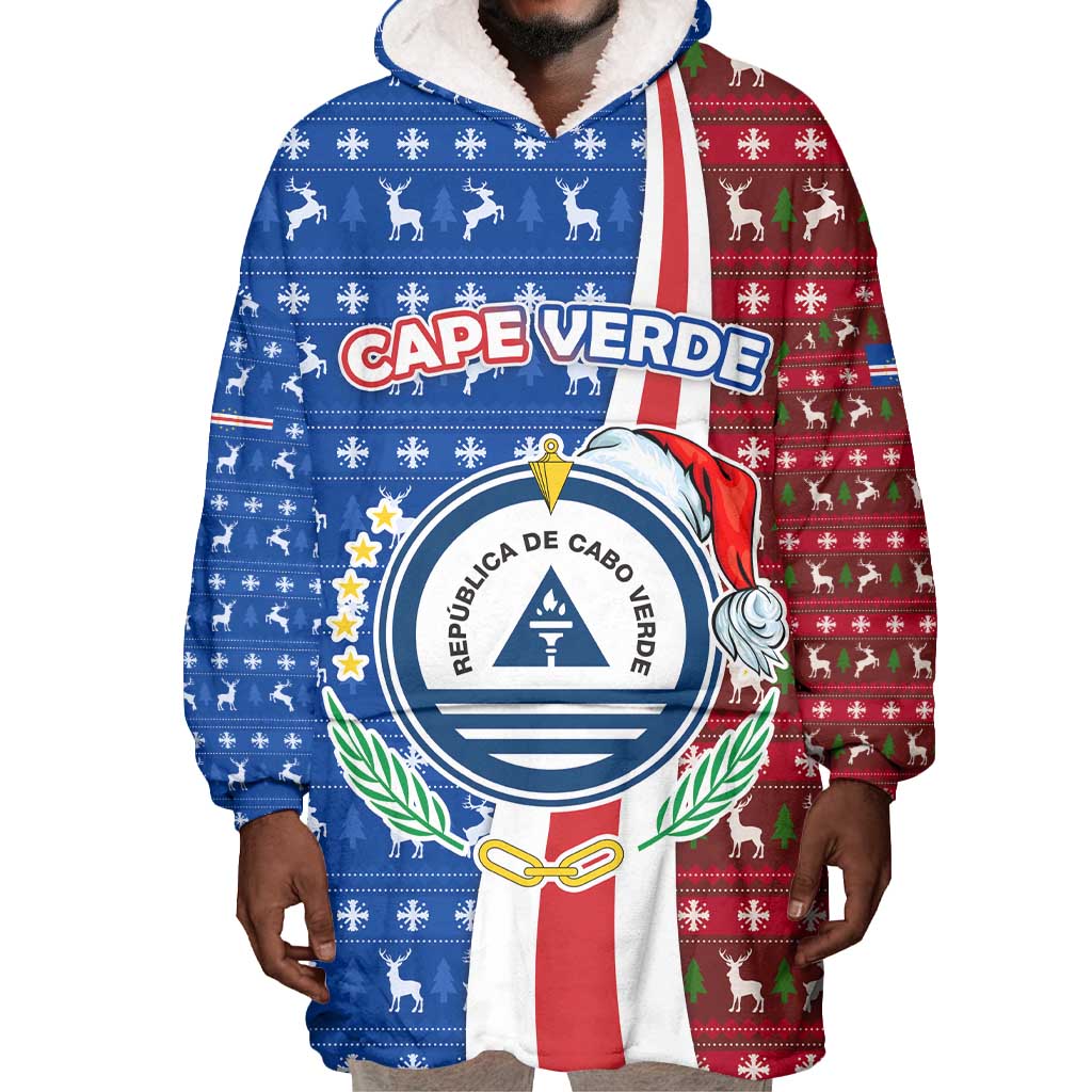 Cape Verde Christmas Wearable Blanket Hoodie Festive Pattern Christmas Tree and National Emblem Motif - African Pride