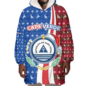Cape Verde Christmas Wearable Blanket Hoodie Festive Pattern Christmas Tree and National Emblem Motif - African Pride