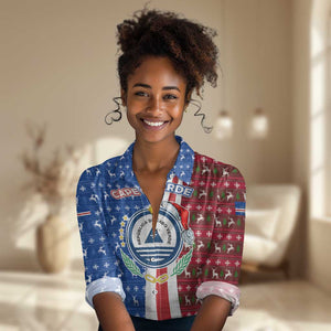 Cape Verde Christmas Women Casual Shirt Festive Pattern Christmas Tree and National Emblem Motif - African Pride