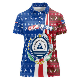 Cape Verde Christmas Women Polo Shirt Festive Pattern Christmas Tree and National Emblem Motif - African Pride