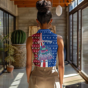 Cape Verde Christmas Women Sleeveless Polo Shirt Festive Pattern Christmas Tree and National Emblem Motif - African Pride