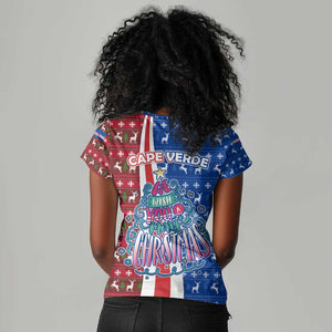 Cape Verde Christmas Women V-Neck T-Shirt Festive Pattern Christmas Tree and National Emblem Motif - African Pride