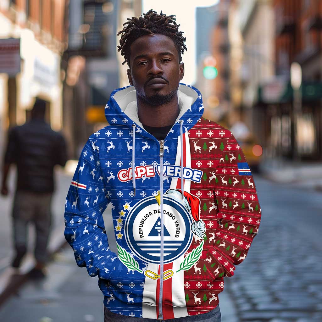 Cape Verde Christmas Zip Hoodie Festive Pattern Christmas Tree and National Emblem Motif - African Pride
