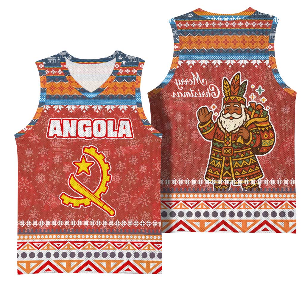 Angola Christmas Basketball Jersey Snowflake Pattern Tribal Santa Claus Motif - African Pride