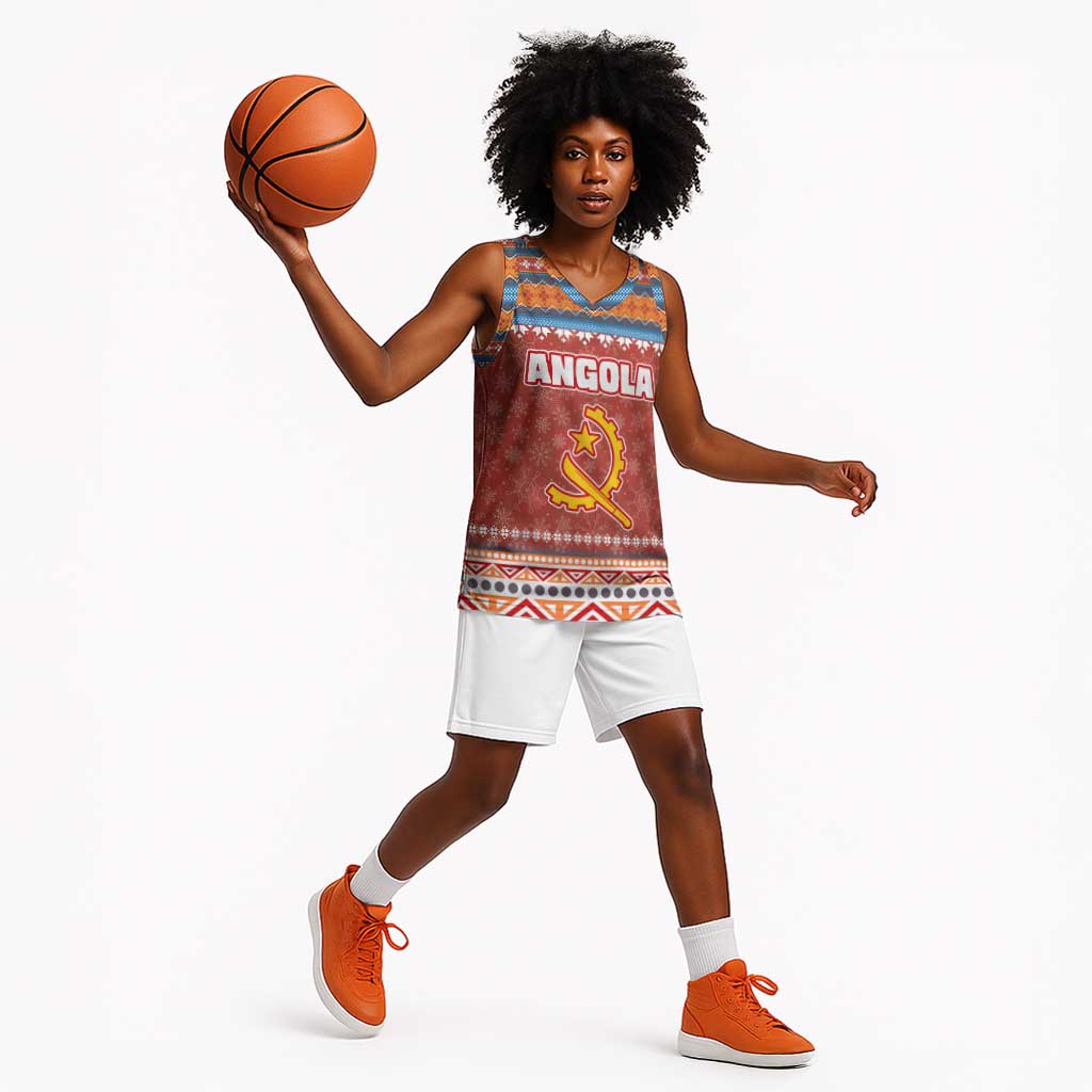 Angola Christmas Basketball Jersey Snowflake Pattern Tribal Santa Claus Motif - African Pride