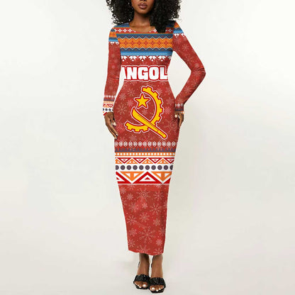 Angola Christmas Long Sleeve Bodycon Dress Snowflake Pattern Tribal Santa Claus Motif - African Pride